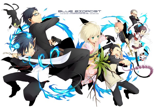 Anime picture 1500x1047 with ao no exorcist a-1 pictures okumura rin okumura yukio moriyama shiemi shima renzou kamiki izumo suguro ryuuji miwa konekomaru kuro (ao no exorcist) inooka long hair short hair blue eyes black hair simple background blonde hair smile white background twintails