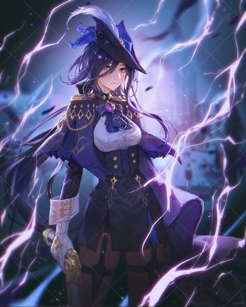 Anime picture 1200x1498 with genshin impact clorinde (genshin impact) zieru single long hair tall image looking at viewer fringe breasts black hair standing purple eyes holding outdoors hair over one eye lightning girl gloves weapon pantyhose