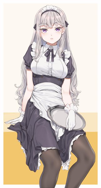 Anime picture 1000x1855 with original fangxiang cuoluan single long hair tall image looking at viewer fringe breasts simple background sitting purple eyes holding blunt bangs parted lips grey hair arm support short sleeves maid puffy sleeves wavy hair