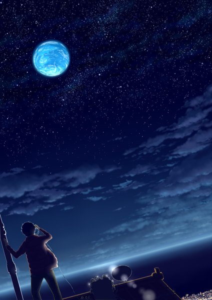 Anime picture 1307x1849 with original hotaka single tall image short hair black hair cloud (clouds) from behind night night sky lens flare horizon city lights boy star (stars) wire (wires) planet roof antenna