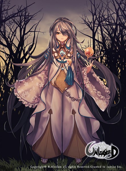 Anime picture 620x840 with unleashed r.alnilam single tall image fringe black hair standing yellow eyes very long hair grey hair hair over one eye evening girl clothes
