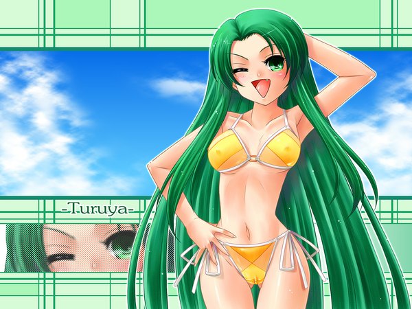 Anime picture 1024x768 with suzumiya haruhi no yuutsu kyoto animation tsuruya long hair light erotic green eyes sky very long hair one eye closed green hair wink teeth armpit (armpits) fang (fangs) wallpaper erect nipples covered nipples cameltoe girl swimsuit