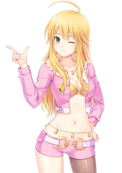 Anime picture 2894x4093 with idolmaster idolmaster (classic) hoshii miki n.g. single long hair tall image looking at viewer highres light erotic simple background blonde hair smile white background green eyes ahoge one eye closed wink open clothes open jacket