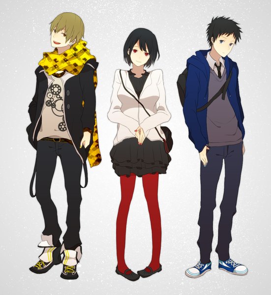 Anime picture 1120x1220 with durarara!! brains base (studio) sonohara anri kida masaomi ryuugamine mikado tsuyuxxx tall image looking at viewer short hair open mouth blue eyes black hair simple background blonde hair smile red eyes standing full body head tilt :d