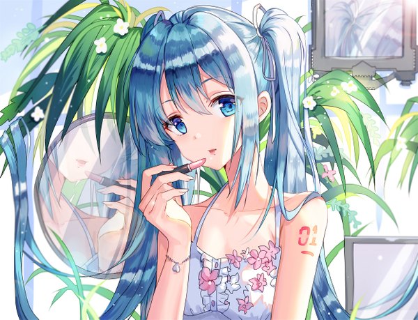 Anime picture 1244x953 with vocaloid hatsune miku shanguier single long hair looking at viewer blush fringe open mouth blue eyes hair between eyes twintails bare shoulders holding payot blue hair upper body indoors head tilt arm up