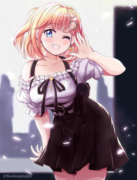 Anime picture 4964x6500 with virtual youtuber hololive hololive english watson amelia takkikun single tall image looking at viewer blush fringe highres short hair breasts blue eyes blonde hair smile large breasts standing bare shoulders signed