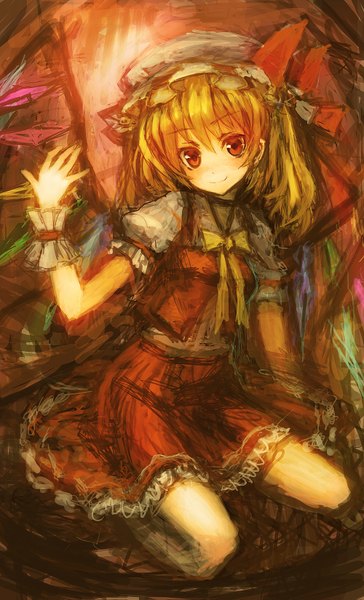 Anime picture 1000x1647 with touhou flandre scarlet lm7 (op-center) single tall image looking at viewer short hair blonde hair smile red eyes girl dress skirt wings bonnet skirt set crystal