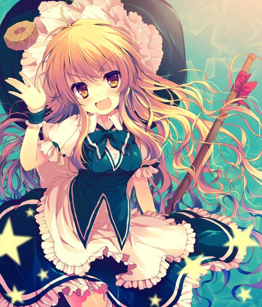 Anime picture 1283x1500 with touhou kirisame marisa reia single long hair tall image looking at viewer blush breasts open mouth blonde hair smile yellow eyes witch girl dress skirt bow hat star (stars)
