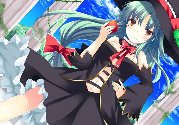 Anime picture 1146x803 with original ajiriko single long hair looking at viewer blush fringe smile standing brown eyes sky cloud (clouds) nail polish fingernails green hair hand on hip girl dress navel bow