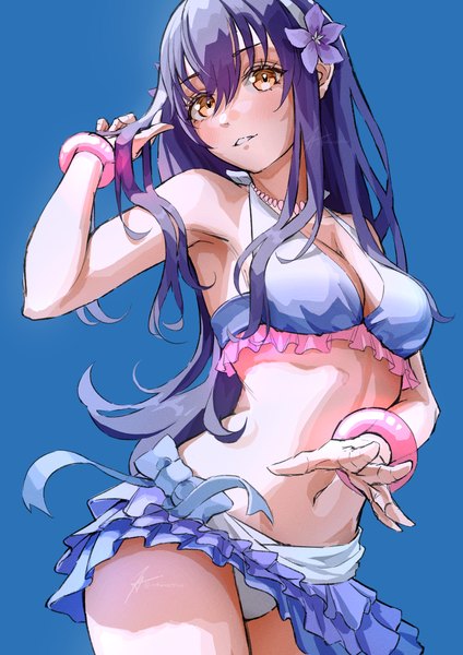 Anime picture 2894x4093 with love live! school idol project sunrise (studio) love live! sonoda umi notinversion single long hair tall image looking at viewer blush fringe highres breasts light erotic simple background hair between eyes standing brown eyes signed blue hair