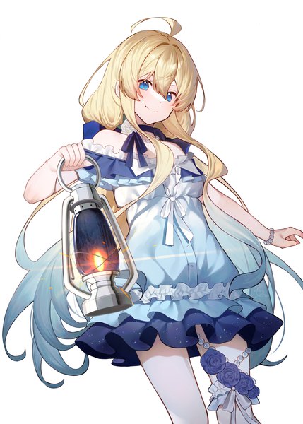 Anime picture 2000x2800 with original shotgunman single long hair tall image fringe highres blue eyes simple background blonde hair smile hair between eyes white background twintails holding ahoge from below low twintails gradient hair girl