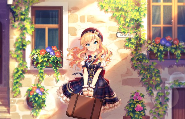 Anime picture 1280x824 with idolmaster idolmaster cinderella girls idolmaster cinderella girls starlight stage ootsuki yui annindoufu (oicon) single long hair looking at viewer blush fringe blue eyes blonde hair smile standing holding outdoors head tilt official art plaid against wall