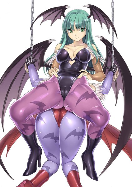 Anime picture 1000x1416 with vampire / darkstalkers (game) capcom morrigan aensland lilith aensland hakaba (dairiseki) long hair tall image looking at viewer breasts light erotic simple background smile white background multiple girls green eyes ass green hair spread legs erect nipples covered nipples