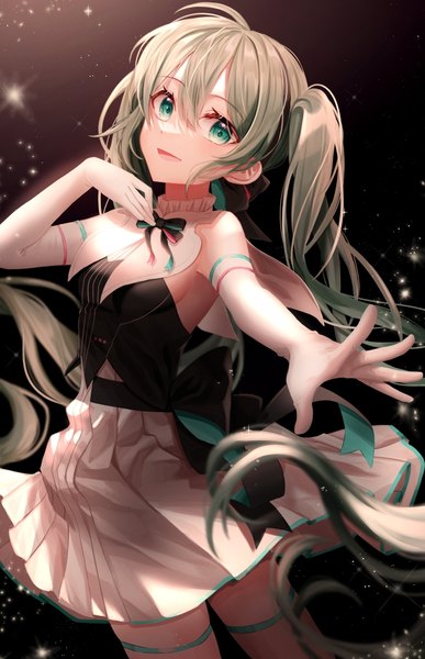 Anime picture 628x974 with vocaloid miku symphony (vocaloid) hatsune miku momyong single long hair tall image looking at viewer fringe hair between eyes standing twintails green eyes green hair hand on chest black background outstretched hand girl thighhighs dress