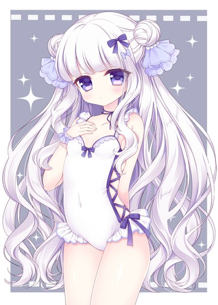 Anime picture 700x979 with original mitsuba choco single long hair tall image looking at viewer blush fringe light erotic purple eyes silver hair blunt bangs hair bun (hair buns) covered navel hand on chest wavy hair arm behind back girl swimsuit one-piece swimsuit
