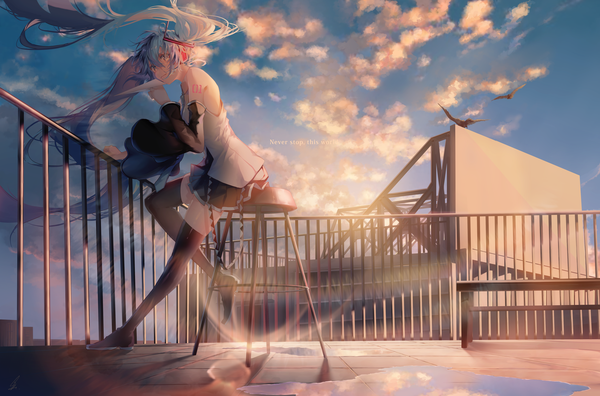 Anime picture 2976x1968 with vocaloid hatsune miku saihate (d3) single looking at viewer fringe highres smile hair between eyes twintails bare shoulders signed sky cloud (clouds) full body bent knee (knees) outdoors long sleeves very long hair head tilt