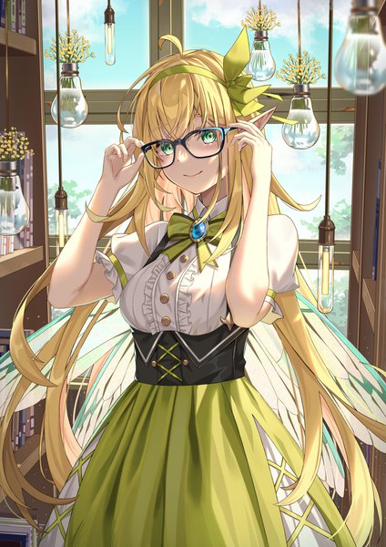 Anime picture 2026x2865 with original calder (pixiv3698273) single long hair tall image looking at viewer blush fringe highres breasts blonde hair smile hair between eyes standing green eyes ahoge indoors pointy ears blurry arms up