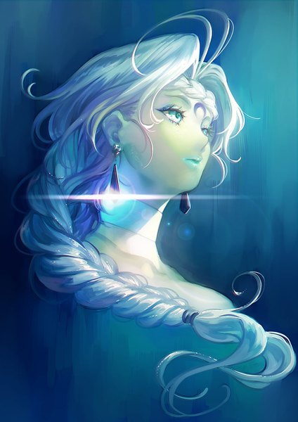 Anime picture 868x1228 with bishoujo senshi sailor moon toei animation beruche (sailor moon) tamtam ex single long hair tall image simple background looking away silver hair ahoge braid (braids) aqua eyes lips from below lens flare single braid portrait blue background forehead mark