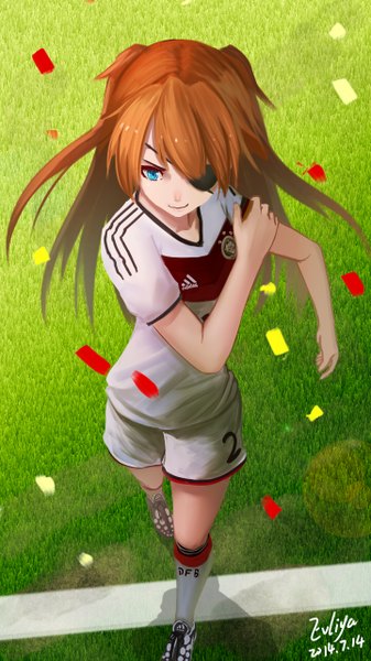 Anime picture 720x1280 with neon genesis evangelion gainax adidas world cup 2014 fifa world cup soryu asuka langley wei ji single long hair tall image fringe blue eyes smile twintails from above orange hair shadow alternate costume product placement football