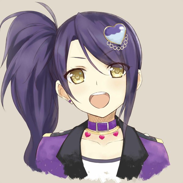 Anime picture 1000x1000 with puri para pretty (series) toudou shion cccpo single long hair looking at viewer fringe open mouth yellow eyes purple hair :d grey background alternate costume side ponytail portrait girl uniform hair ornament earrings