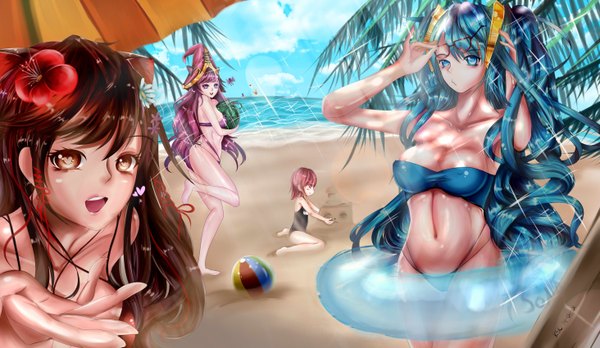 Anime picture 2928x1700 with league of legends ahri (league of legends) sona buvelle lulu (league of legends) annie (league of legends) cksl62 (harmonics) long hair looking at viewer highres short hair blue eyes light erotic red eyes brown hair wide image purple eyes multiple girls brown eyes animal ears blue hair