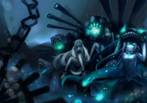Anime picture 1200x847 with kantai collection wo-class aircraft carrier battleship-symbiotic hime ta-class battleship s a~ long hair looking at viewer light erotic black hair hair between eyes bare shoulders multiple girls green eyes white hair grey hair glowing glowing eye (eyes) underwater oni horns shinkaisei-kan