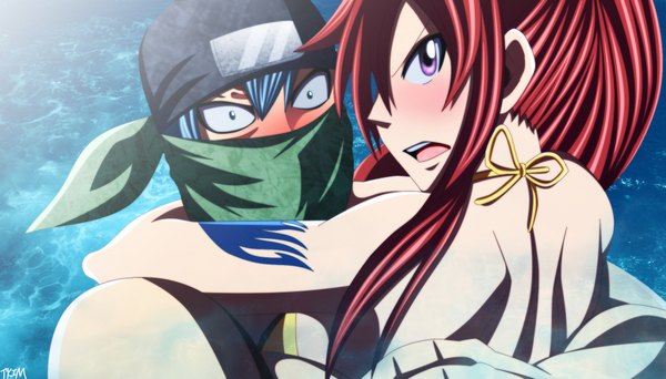 Anime picture 1956x1116 with fairy tail erza scarlet jellal fernandes futuretabs long hair blush highres short hair open mouth blue eyes wide image bare shoulders blue hair ponytail red hair pink eyes looking back tattoo hug coloring