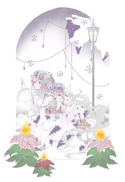 Anime picture 1589x2319 with original hari noi long hair tall image simple background white background purple eyes multiple girls hair flower grey hair aqua hair hug winter snow destruction girl dress hair ornament 2 girls plant (plants)