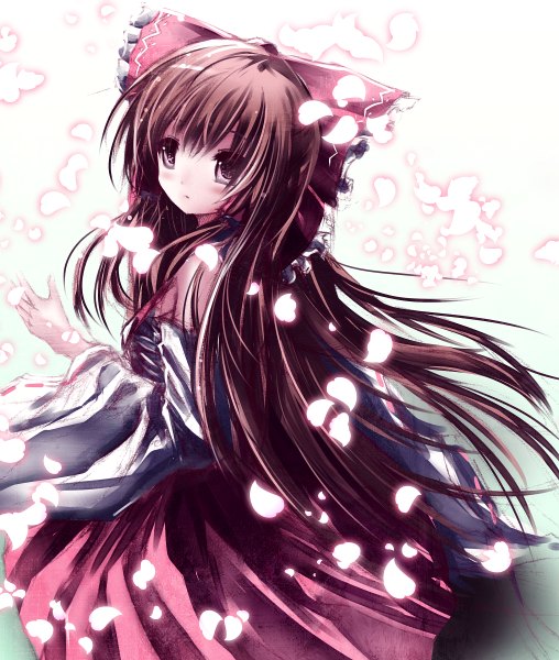 Anime picture 1016x1200 with touhou hakurei reimu missle228 single long hair tall image looking at viewer blush open mouth brown hair bare shoulders brown eyes traditional clothes japanese clothes looking back :o cherry blossoms turning head miko girl