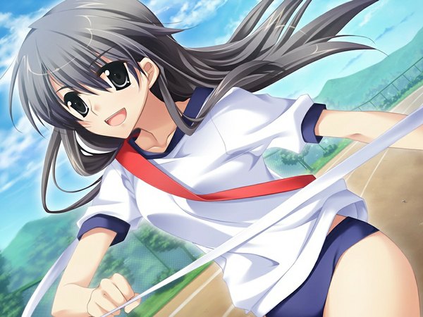 Anime picture 1024x768 with sakura no shippo (game) single long hair open mouth black hair smile game cg black eyes running girl uniform gym uniform buruma