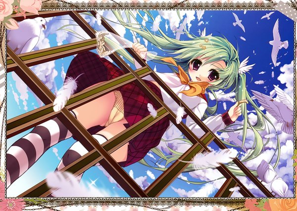 Anime picture 4929x3500 with prismatic world (artbook) shiramori yuse single long hair looking at viewer blush highres open mouth light erotic twintails purple eyes absurdres sky cloud (clouds) green hair scan pantyshot cameltoe girl thighhighs