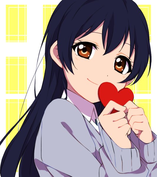 Anime picture 800x900 with love live! school idol project sunrise (studio) love live! sonoda umi sekina single long hair tall image fringe black hair brown eyes looking away light smile yellow background valentine girl uniform school uniform heart