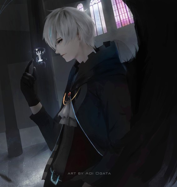 Anime picture 1141x1205 with original aoi ogata single tall image fringe short hair hair between eyes standing signed looking away indoors parted lips grey hair grey eyes magic black wings boy gloves wings black gloves