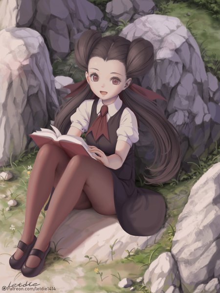Anime picture 750x1000 with pokemon nintendo tsutsuji (pokemon) letdie1414 single long hair tall image looking at viewer open mouth light erotic brown hair sitting twintails holding brown eyes signed full body bent knee (knees) outdoors :d