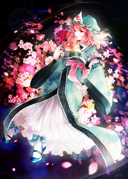Anime picture 900x1260 with touhou saigyouji yuyuko awa toka single tall image short hair pink hair profile pink eyes girl dress flower (flowers) bow petals bonnet fan