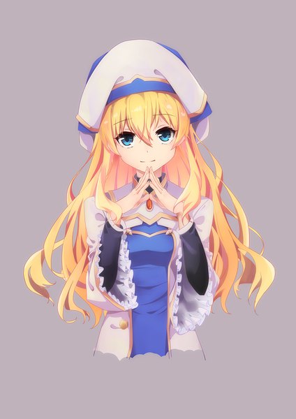 Anime picture 1000x1415 with goblin slayer! priestess (goblin slayer!) hangyaku no kusaichigo single long hair tall image looking at viewer fringe blue eyes simple background blonde hair hair between eyes upper body grey background fingers together girl hat