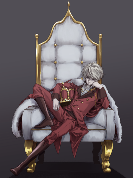 Anime picture 600x800 with aldnoah.zero a-1 pictures slaine troyard simabe single tall image fringe short hair blonde hair simple background hair between eyes sitting looking away full body bent knee (knees) grey background grey eyes fur trim shaded face chin rest