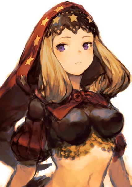 Anime picture 779x1100 with odin sphere vanillaware velvet (odin sphere) junwool single long hair tall image breasts simple background blonde hair white background purple eyes looking away upper body bare belly star print girl navel star (symbol) hood