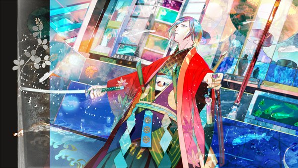 イラスト 2000x1128 と オリジナル 斎賀時人 ソロ highres 短い髪 金髪 wide image 緑の目 青い髪 traditional clothes 和服 multicolored hair 男性 花 武器 剣 日本刀 魚 剣鞘