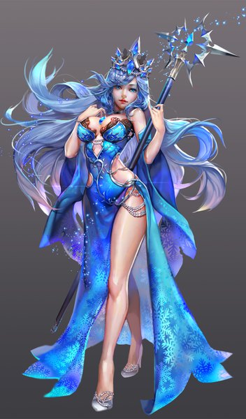 Anime picture 1764x3000 with original hx (091113) single tall image looking at viewer highres breasts blue eyes light erotic simple background bare shoulders blue hair cleavage purple hair very long hair parted lips multicolored hair grey background bare legs sparkle