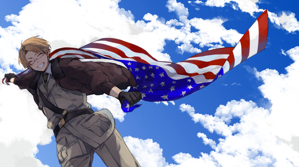 Anime picture 1500x842 with axis powers hetalia studio deen america (hetalia) hita (hitapita) single short hair blonde hair smile wide image sky cloud (clouds) eyes closed wind wallpaper ^ ^ boy gloves uniform black gloves glasses