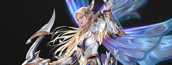 Anime picture 3840x1458 with original taekwon kim single long hair looking at viewer highres breasts blue eyes blonde hair wide image parted lips pointy ears realistic lipstick black background red lipstick insect wings butterfly wings girl weapon
