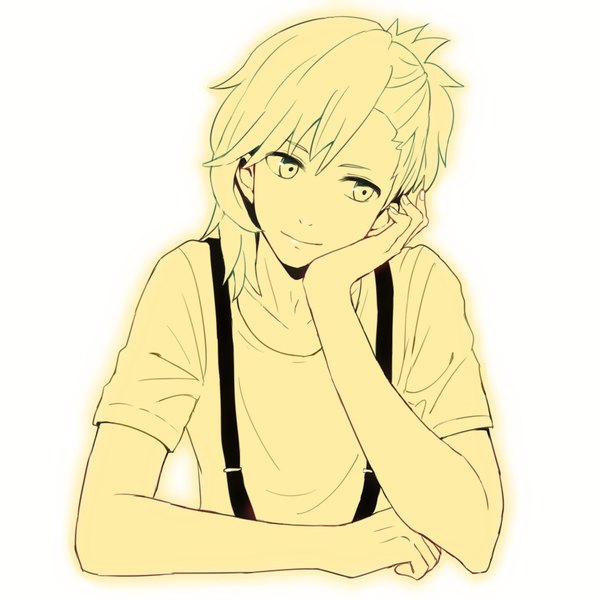 Anime picture 930x930 with uta no prince-sama a-1 pictures mikaze ai toko single fringe short hair simple background smile white background looking away arm support monochrome boy t-shirt suspenders