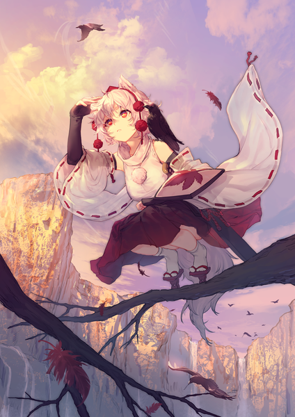 Anime picture 1000x1414 with touhou inubashiri momiji uu uu zan single tall image short hair red eyes sitting animal ears looking away sky cloud (clouds) full body white hair tail animal tail from below squat wolf ears wolf tail