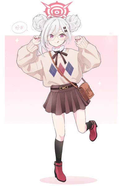 Anime picture 827x1250 with blue archive mutsuki (blue archive) yama ymst single tall image looking at viewer blush fringe short hair simple background smile standing purple eyes white hair pointy ears arms up hair bun (hair buns) high heels text hieroglyph