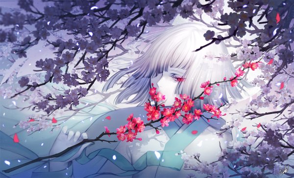 Anime picture 1644x1000 with original danhu single looking at viewer fringe short hair red eyes wide image holding signed upper body white hair blunt bangs traditional clothes lips hair over one eye shadow white skin plum blossoms albino