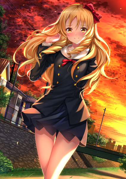 Anime picture 1102x1560 with eromanga sensei a-1 pictures yamada elf swordsouls single long hair tall image looking at viewer blush fringe blonde hair hair between eyes standing yellow eyes sky outdoors pleated skirt wind sunlight thigh gap