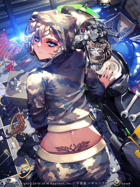 Anime picture 1600x2133 with furyou michi ~gang road~ xaxak tall image looking at viewer fringe short hair blue eyes blonde hair hair between eyes nail polish looking back fingernails from above sparkle midriff tattoo leaning leaning forward dark skin looking up