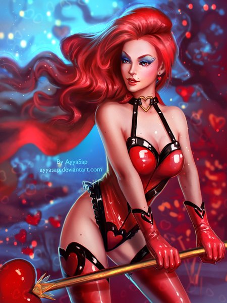 Anime picture 1536x2048 with tagme (copyright) ayyasap single long hair tall image blue eyes light erotic bare shoulders looking away red hair realistic mole mole under eye floating hair latex girl gloves earrings