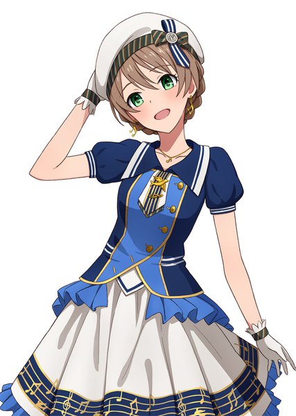 Anime picture 1243x1745 with idolmaster idolmaster million live! idolmaster million live! theater days sakuramori kaori yahiro (epicopeiidae) single tall image looking at viewer blush open mouth simple background brown hair white background green eyes head tilt puffy sleeves hand on head treble clef girl dress